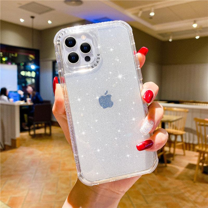 Shining Glitter Shockproof Bumper Phone Case For iPhone 13 12 11 14 Pro Max XR XS Max 13Pro 14 Transparent Soft Cover Cute Pink Glitter Design Transparent Shiny Shockproof Case For Women Girls Stevvex