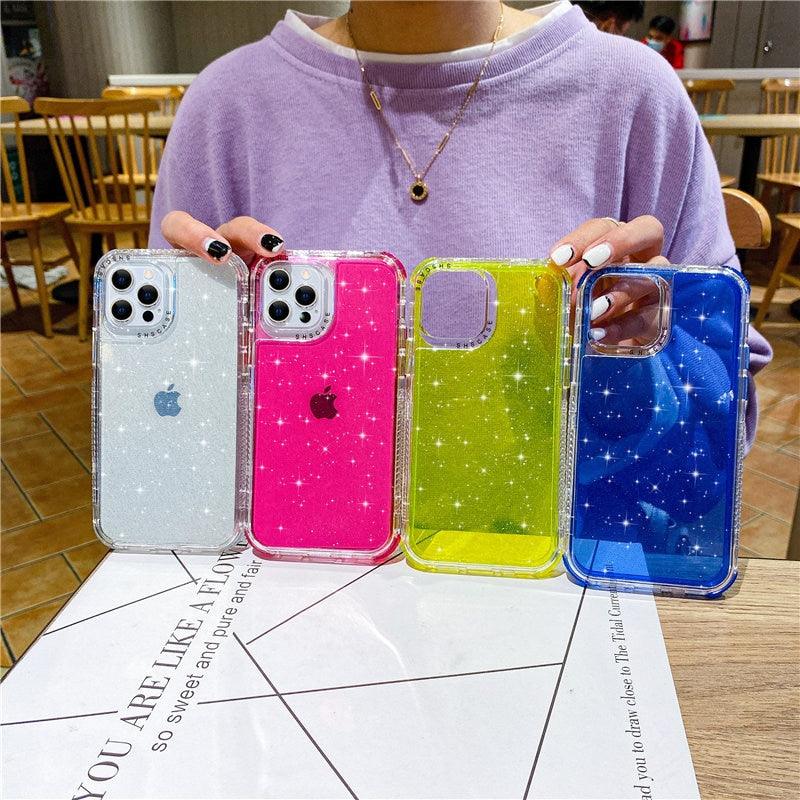 Shining Glitter Shockproof Bumper Phone Case For iPhone 13 12 11 14 Pro Max XR XS Max 13Pro 14 Transparent Soft Cover Cute Pink Glitter Design Transparent Shiny Shockproof Case For Women Girls Stevvex