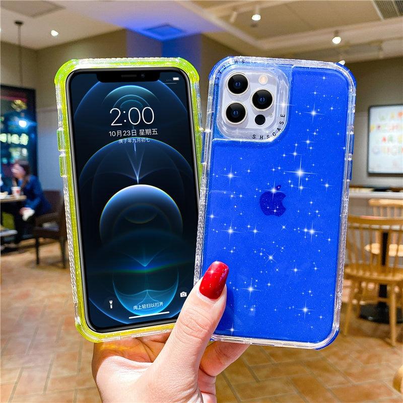 Shining Glitter Shockproof Bumper Phone Case For iPhone 13 12 11 14 Pro Max XR XS Max 13Pro 14 Transparent Soft Cover Cute Pink Glitter Design Transparent Shiny Shockproof Case For Women Girls Stevvex