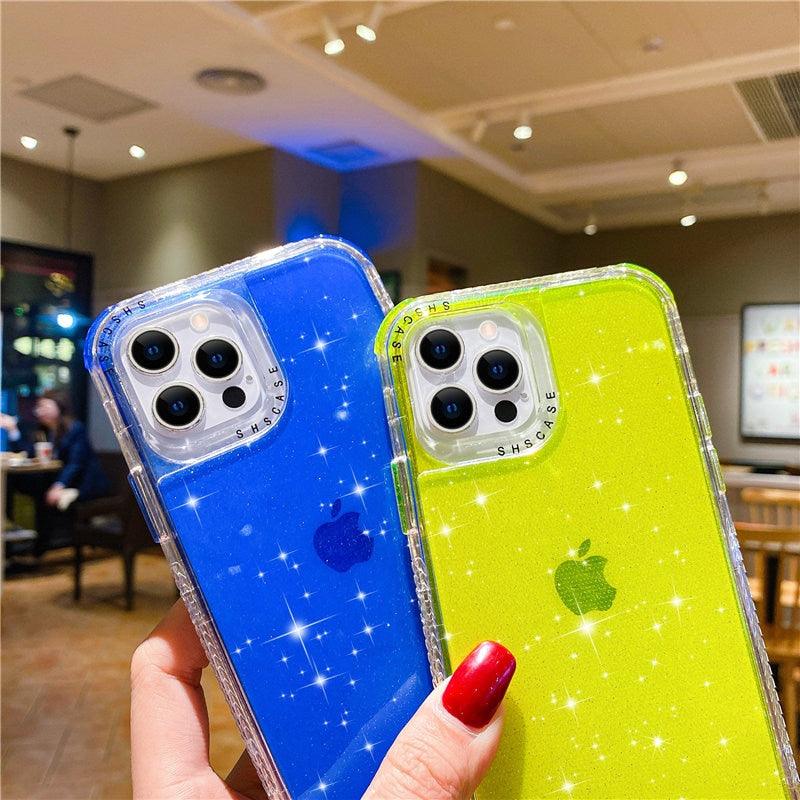 Shining Glitter Shockproof Bumper Phone Case For iPhone 13 12 11 14 Pro Max XR XS Max 13Pro 14 Transparent Soft Cover Cute Pink Glitter Design Transparent Shiny Shockproof Case For Women Girls Stevvex