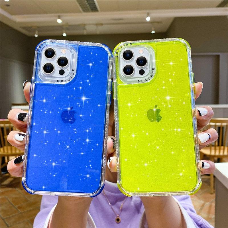 Shining Glitter Shockproof Bumper Phone Case For iPhone 13 12 11 14 Pro Max XR XS Max 13Pro 14 Transparent Soft Cover Cute Pink Glitter Design Transparent Shiny Shockproof Case For Women Girls Stevvex