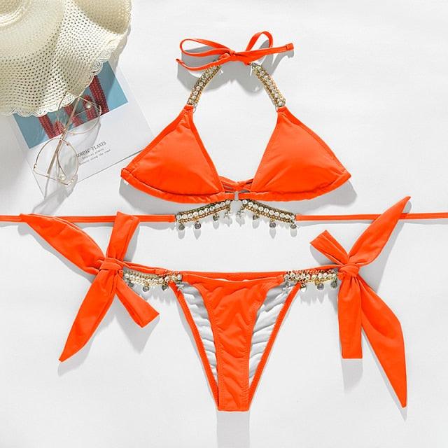 Shiny Diamond Bikini Push Up Halter Swimsuit Female Crystal Swimwear Women Bathing Suit New Women's Crystal Diamond Swimsuit High Cut Bikini Set Straps Two Piece Bathing Suit Stevvex