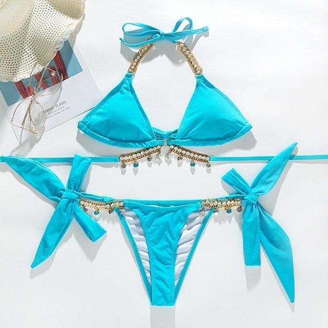 Shiny Diamond Bikini Push Up Halter Swimsuit Female Crystal Swimwear Women Bathing Suit New Women's Crystal Diamond Swimsuit High Cut Bikini Set Straps Two Piece Bathing Suit Stevvex