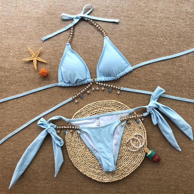 Shiny Diamond Bikini Push Up Halter Swimsuit Female Crystal Swimwear Women Bathing Suit New Women's Crystal Diamond Swimsuit High Cut Bikini Set Straps Two Piece Bathing Suit Stevvex