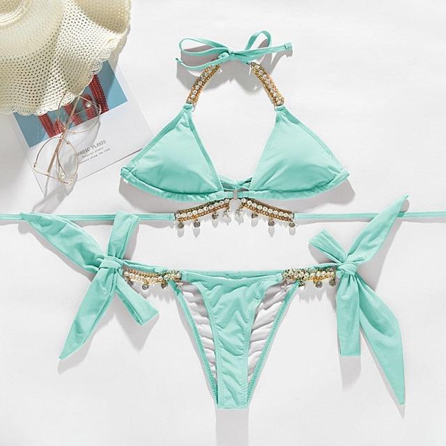 Shiny Diamond Bikini Push Up Halter Swimsuit Female Crystal Swimwear Women Bathing Suit New Women's Crystal Diamond Swimsuit High Cut Bikini Set Straps Two Piece Bathing Suit Stevvex