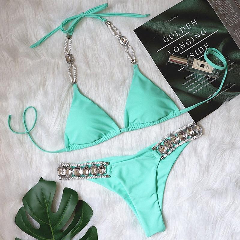 Shiny Diamond Bikini Push Up Halter Swimsuit Female Crystal Swimwear Women Bathing Suit New Women's Crystal Diamond Swimsuit High Cut Bikini Set Straps Two Piece Bathing Suit Stevvex