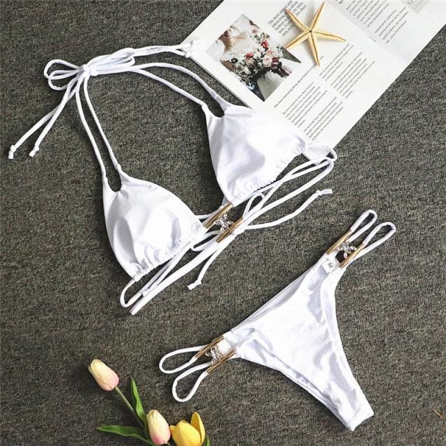 Shiny Diamond Bikini Push Up Halter Swimsuit Female Crystal Swimwear Women Bathing Suit New Women's Crystal Diamond Swimsuit High Cut Bikini Set Straps Two Piece Bathing Suit Stevvex