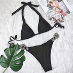 Shiny Diamond Bikini Push Up Halter Swimsuit Female Crystal Swimwear Women Bathing Suit New Women's Crystal Diamond Swimsuit High Cut Bikini Set Straps Two Piece Bathing Suit Stevvex