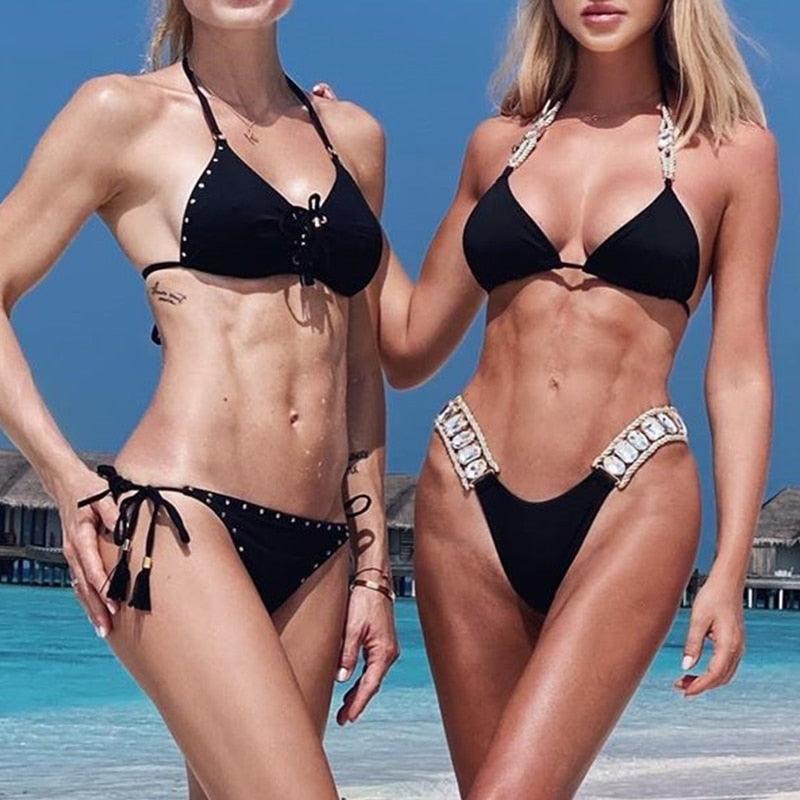 Shiny Diamond Bikini Push Up Halter Swimsuit Female Crystal Swimwear Women Bathing Suit New Women's Crystal Diamond Swimsuit High Cut Bikini Set Straps Two Piece Bathing Suit Stevvex