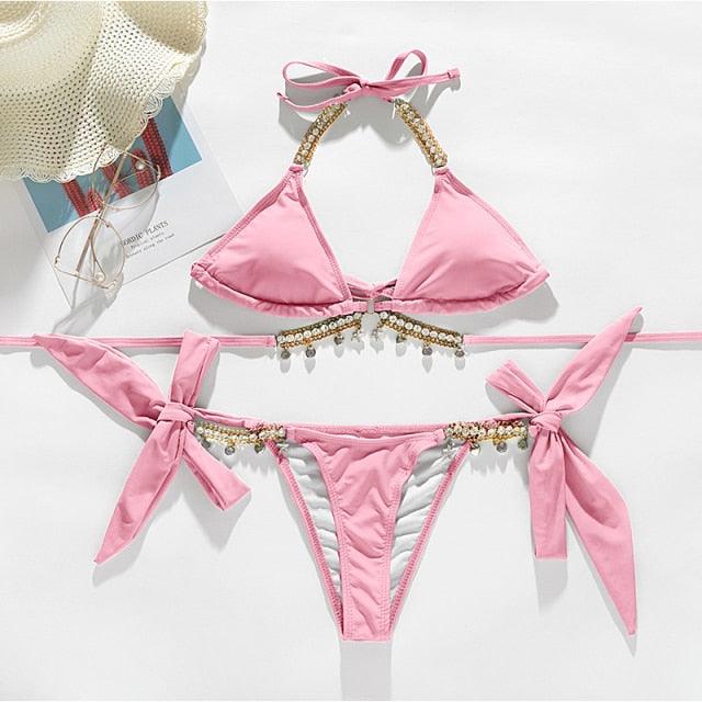 Shiny Diamond Bikini Push Up Halter Swimsuit Female Crystal Swimwear Women Bathing Suit New Women's Crystal Diamond Swimsuit High Cut Bikini Set Straps Two Piece Bathing Suit Stevvex