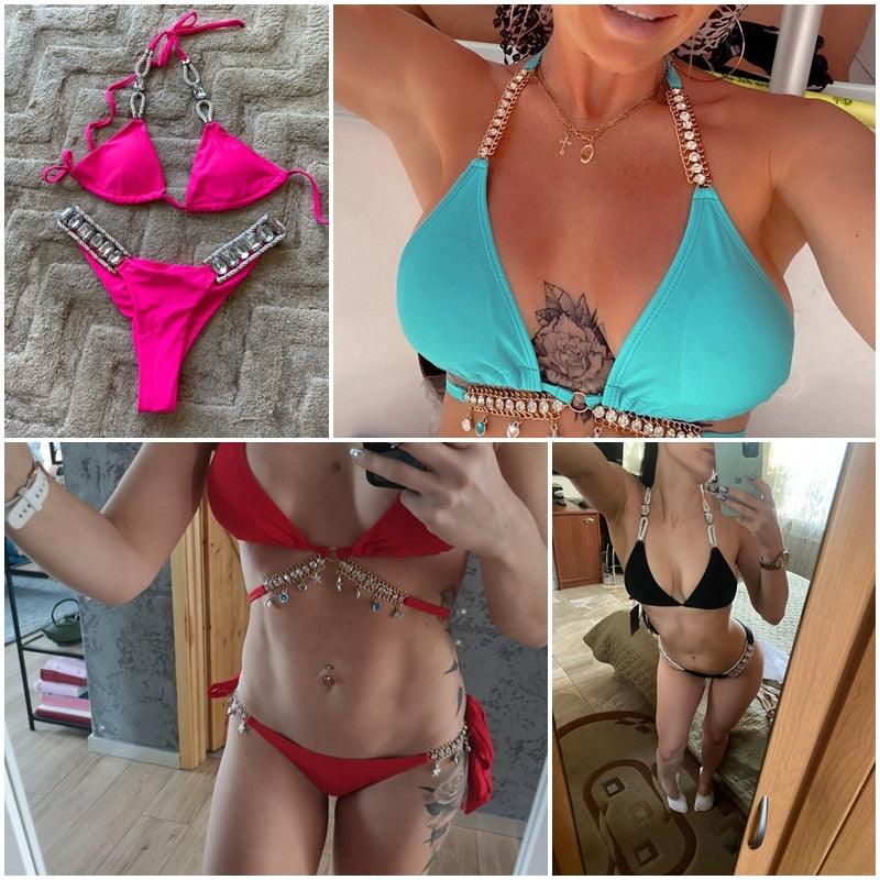 Shiny Diamond Bikini Push Up Halter Swimsuit Female Crystal Swimwear Women Bathing Suit New Women's Crystal Diamond Swimsuit High Cut Bikini Set Straps Two Piece Bathing Suit Stevvex