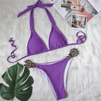Shiny Diamond Bikini Push Up Halter Swimsuit Female Crystal Swimwear Women Bathing Suit New Women's Crystal Diamond Swimsuit High Cut Bikini Set Straps Two Piece Bathing Suit Stevvex