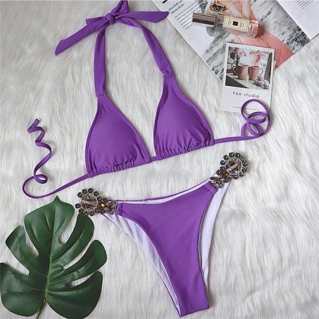 Shiny Diamond Bikini Push Up Halter Swimsuit Female Crystal Swimwear Women Bathing Suit New Women's Crystal Diamond Swimsuit High Cut Bikini Set Straps Two Piece Bathing Suit Stevvex