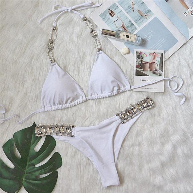 Shiny Diamond Bikini Push Up Halter Swimsuit Female Crystal Swimwear Women Bathing Suit New Women's Crystal Diamond Swimsuit High Cut Bikini Set Straps Two Piece Bathing Suit Stevvex