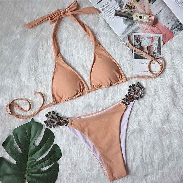 Shiny Diamond Bikini Push Up Halter Swimsuit Female Crystal Swimwear Women Bathing Suit New Women's Crystal Diamond Swimsuit High Cut Bikini Set Straps Two Piece Bathing Suit Stevvex