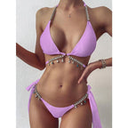 Shiny Diamond Bikini Push Up Halter Swimsuit Female Crystal Swimwear Women Bathing Suit New Women's Crystal Diamond Swimsuit High Cut Bikini Set Straps Two Piece Bathing Suit Stevvex