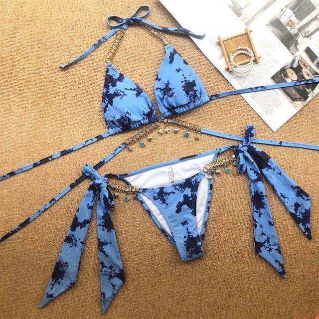 Shiny Diamond Bikini Push Up Halter Swimsuit Female Crystal Swimwear Women Bathing Suit New Women's Crystal Diamond Swimsuit High Cut Bikini Set Straps Two Piece Bathing Suit Stevvex