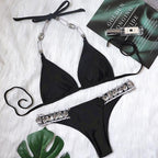 Shiny Diamond Bikini Push Up Halter Swimsuit Female Crystal Swimwear Women Bathing Suit New Women's Crystal Diamond Swimsuit High Cut Bikini Set Straps Two Piece Bathing Suit Stevvex