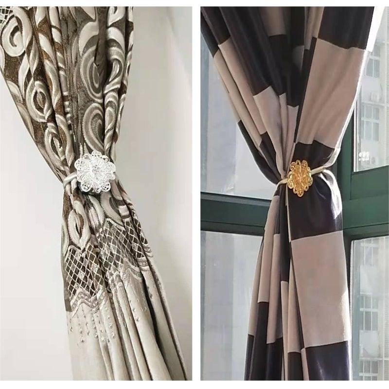 Shiny Flowers Magnetic Curtain Clip Tieback European Style Curtain Clasp Hanging Ball Rope Straps Home Decoration Accessories Crystal Curtain Magnetic Tieback Flower Curtain Clips Buckle with Stretchy Wire Rope For Home Office Decoration Stevvex