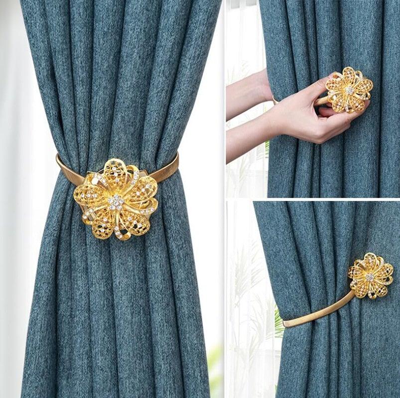 Shiny Flowers Magnetic Curtain Clip Tieback European Style Curtain Clasp Hanging Ball Rope Straps Home Decoration Accessories Crystal Curtain Magnetic Tieback Flower Curtain Clips Buckle with Stretchy Wire Rope For Home Office Decoration Stevvex