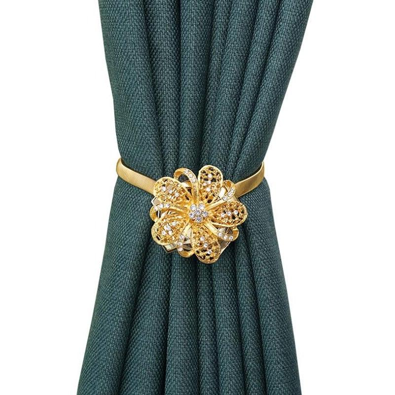 Shiny Flowers Magnetic Curtain Clip Tieback European Style Curtain Clasp Hanging Ball Rope Straps Home Decoration Accessories Crystal Curtain Magnetic Tieback Flower Curtain Clips Buckle with Stretchy Wire Rope For Home Office Decoration Stevvex