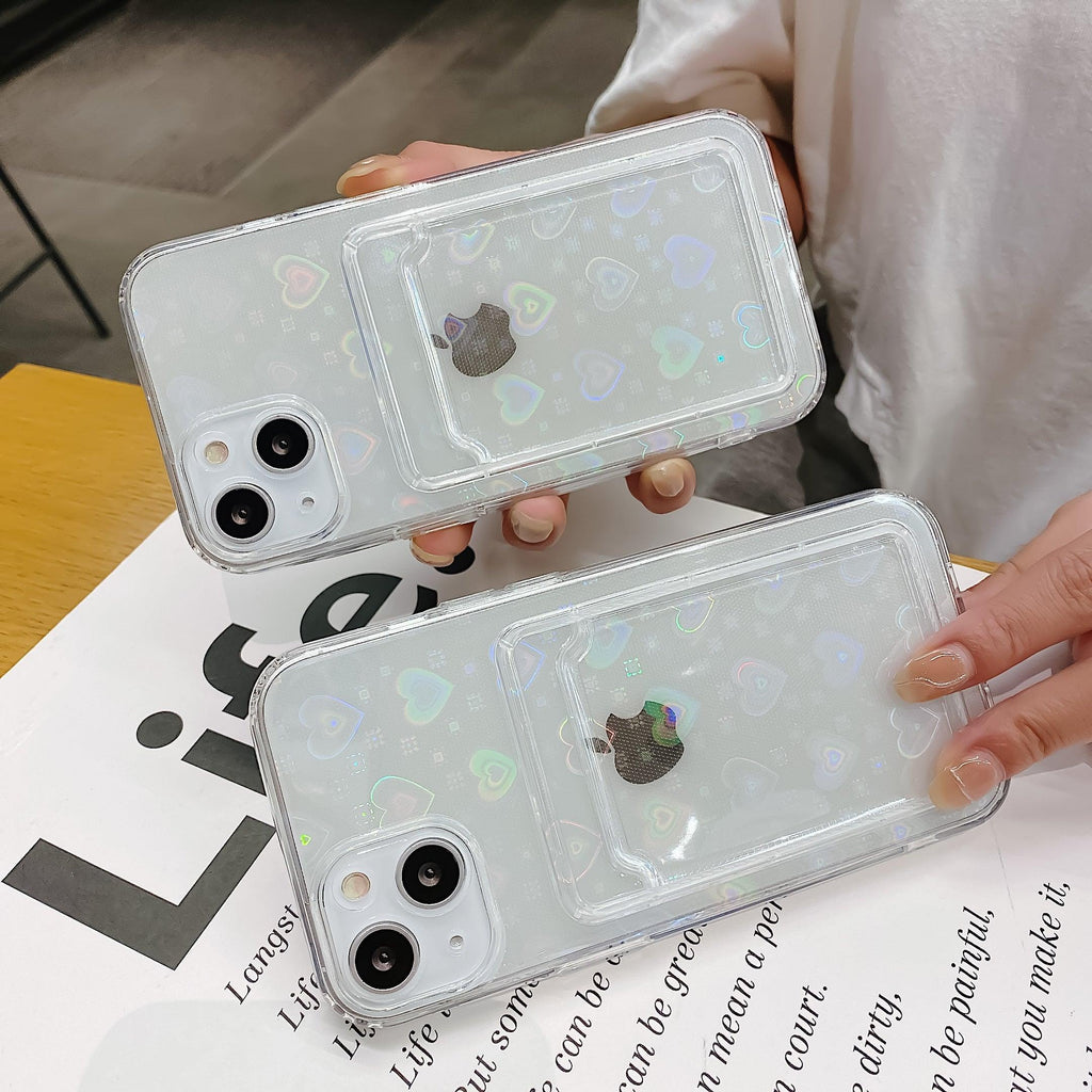 Shiny Holographic Heart Phone Case For iPhone 14 13 Pro Max 11 12 XR 6 7 8 Plus XS X SE 2 Clear Wallet Card Holder Storage Cover Love Heart Pattern Cute Case with Card Holder Soft Cover for iPhone Transparent Phone Case Stevvex
