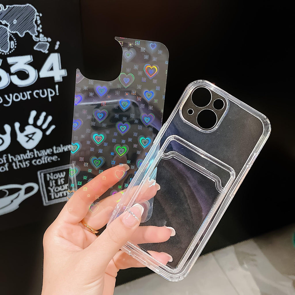 Shiny Holographic Heart Phone Case For iPhone 14 13 Pro Max 11 12 XR 6 7 8 Plus XS X SE 2 Clear Wallet Card Holder Storage Cover Love Heart Pattern Cute Case with Card Holder Soft Cover for iPhone Transparent Phone Case Stevvex
