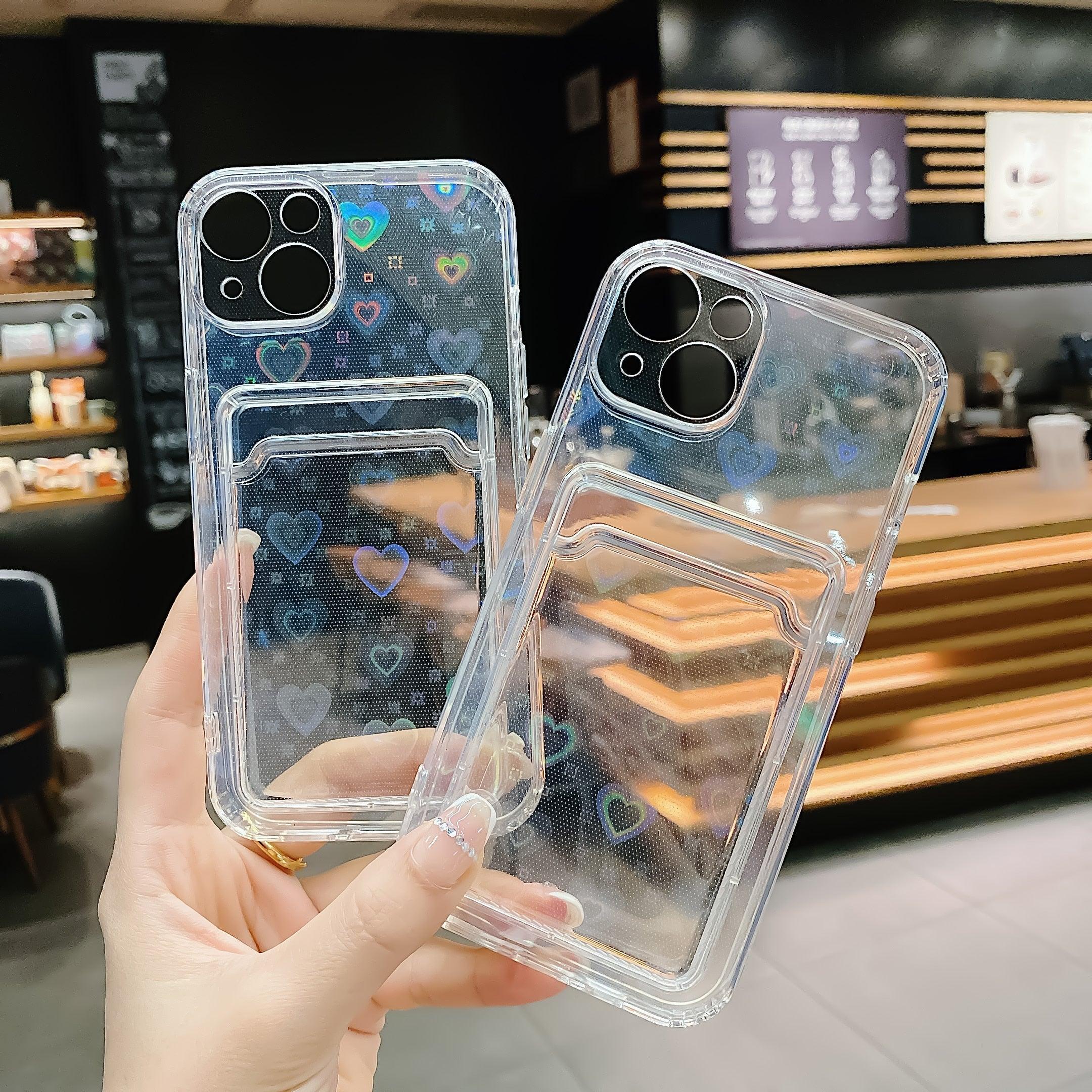 Shiny Holographic Heart Phone Case For iPhone 14 13 Pro Max 11 12 XR 6 7 8 Plus XS X SE 2 Clear Wallet Card Holder Storage Cover Love Heart Pattern Cute Case with Card Holder Soft Cover for iPhone Transparent Phone Case Stevvex