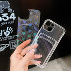 Shiny Holographic Heart Phone Case For iPhone 14 13 Pro Max 11 12 XR 6 7 8 Plus XS X SE 2 Clear Wallet Card Holder Storage Cover Love Heart Pattern Cute Case with Card Holder Soft Cover for iPhone Transparent Phone Case Stevvex