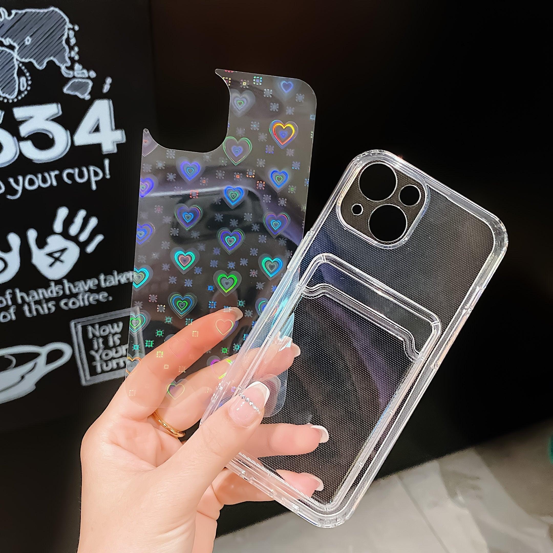 Shiny Holographic Heart Phone Case For iPhone 14 13 Pro Max 11 12 XR 6 7 8 Plus XS X SE 2 Clear Wallet Card Holder Storage Cover Love Heart Pattern Cute Case with Card Holder Soft Cover for iPhone Transparent Phone Case Stevvex