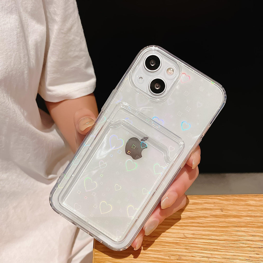 Shiny Holographic Heart Phone Case For iPhone 14 13 Pro Max 11 12 XR 6 7 8 Plus XS X SE 2 Clear Wallet Card Holder Storage Cover Love Heart Pattern Cute Case with Card Holder Soft Cover for iPhone Transparent Phone Case Stevvex