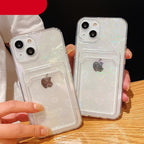 Shiny Holographic Heart Phone Case For iPhone 14 13 Pro Max 11 12 XR 6 7 8 Plus XS X SE 2 Clear Wallet Card Holder Storage Cover Love Heart Pattern Cute Case with Card Holder Soft Cover for iPhone Transparent Phone Case Stevvex