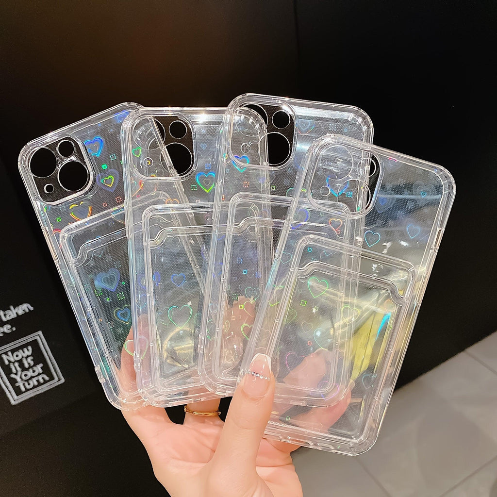 Shiny Holographic Heart Phone Case For iPhone 14 13 Pro Max 11 12 XR 6 7 8 Plus XS X SE 2 Clear Wallet Card Holder Storage Cover Love Heart Pattern Cute Case with Card Holder Soft Cover for iPhone Transparent Phone Case Stevvex