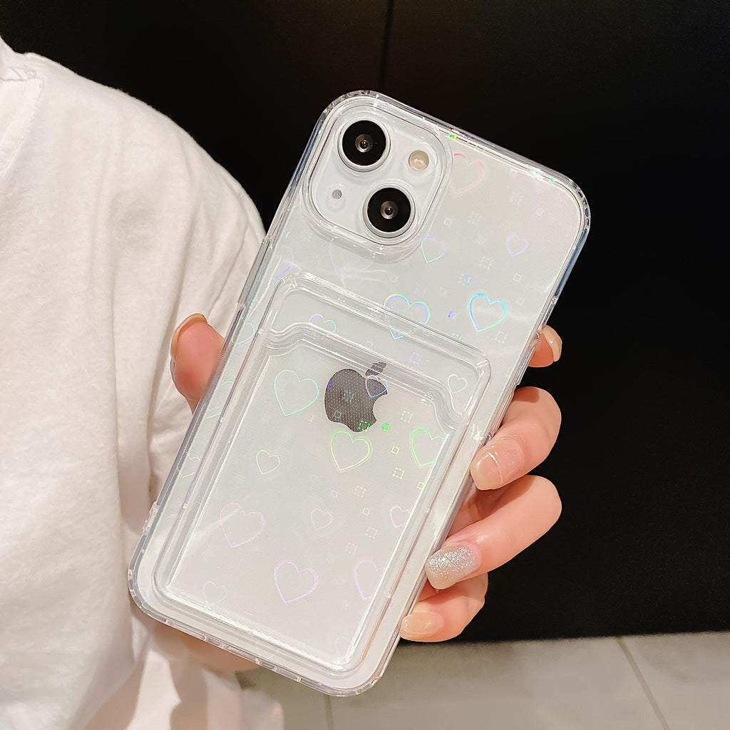 Shiny Holographic Heart Phone Case For iPhone 14 13 Pro Max 11 12 XR 6 7 8 Plus XS X SE 2 Clear Wallet Card Holder Storage Cover Love Heart Pattern Cute Case with Card Holder Soft Cover for iPhone Transparent Phone Case Stevvex