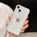 Shiny Holographic Heart Phone Case For iPhone 14 13 Pro Max 11 12 XR 6 7 8 Plus XS X SE 2 Clear Wallet Card Holder Storage Cover Love Heart Pattern Cute Case with Card Holder Soft Cover for iPhone Transparent Phone Case Stevvex