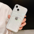 Shiny Holographic Heart Phone Case For iPhone 14 13 Pro Max 11 12 XR 6 7 8 Plus XS X SE 2 Clear Wallet Card Holder Storage Cover Love Heart Pattern Cute Case with Card Holder Soft Cover for iPhone Transparent Phone Case Stevvex
