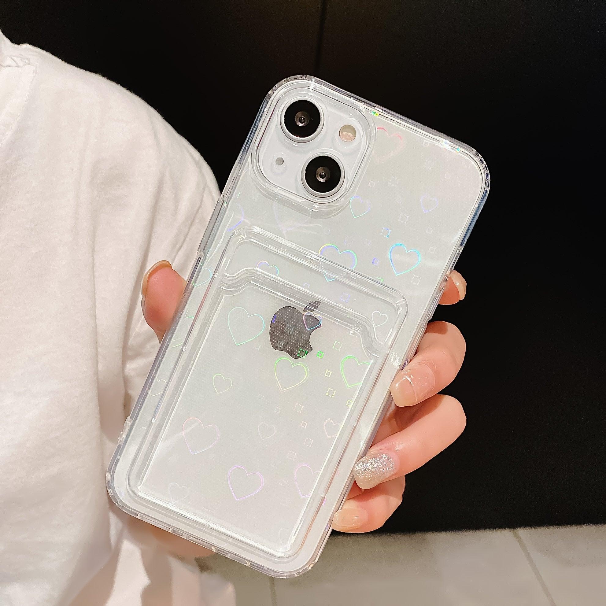 Shiny Holographic Heart Phone Case For iPhone 14 13 Pro Max 11 12 XR 6 7 8 Plus XS X SE 2 Clear Wallet Card Holder Storage Cover Love Heart Pattern Cute Case with Card Holder Soft Cover for iPhone Transparent Phone Case Stevvex