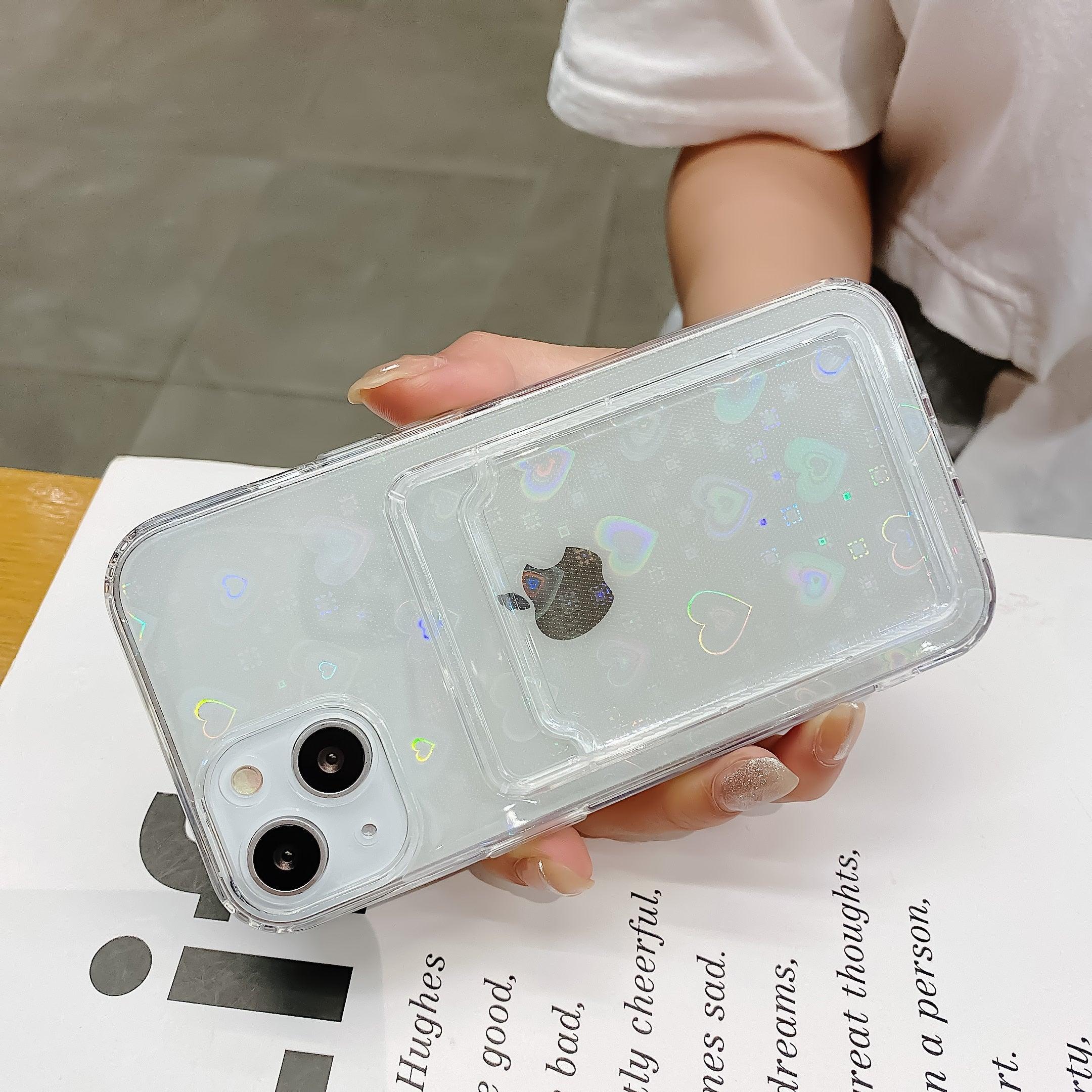 Shiny Holographic Heart Phone Case For iPhone 14 13 Pro Max 11 12 XR 6 7 8 Plus XS X SE 2 Clear Wallet Card Holder Storage Cover Love Heart Pattern Cute Case with Card Holder Soft Cover for iPhone Transparent Phone Case Stevvex
