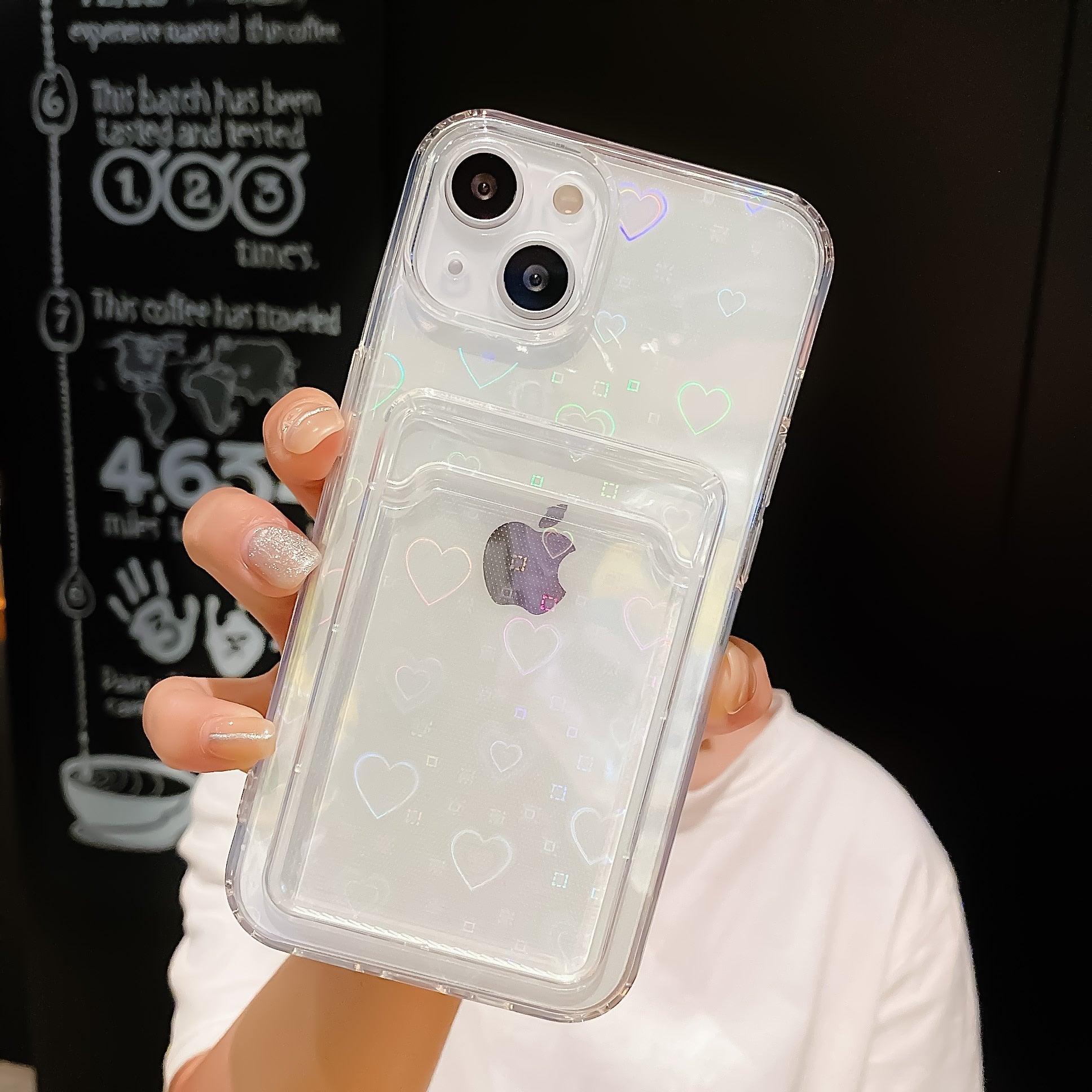 Shiny Holographic Heart Phone Case For iPhone 14 13 Pro Max 11 12 XR 6 7 8 Plus XS X SE 2 Clear Wallet Card Holder Storage Cover Love Heart Pattern Cute Case with Card Holder Soft Cover for iPhone Transparent Phone Case Stevvex