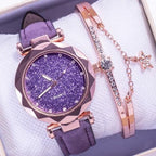 Shiny Luxury Student Watch Womens Star Quartz Watch Fashion Casual Womens Watch Bracelet Set Dial Woman Children Set Bracelet Watch Leather Band Luxury Quartz Watches
