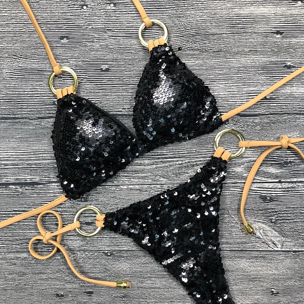 Shiny Solid Bikini Swimsuit Halter Swimwear Bathing Suit Women Bling Sequin Bikini Set Beach Wear Women Shiny Bikini Micro String Two Pieces Swimsuit Female Summer Swimwear Stevvex