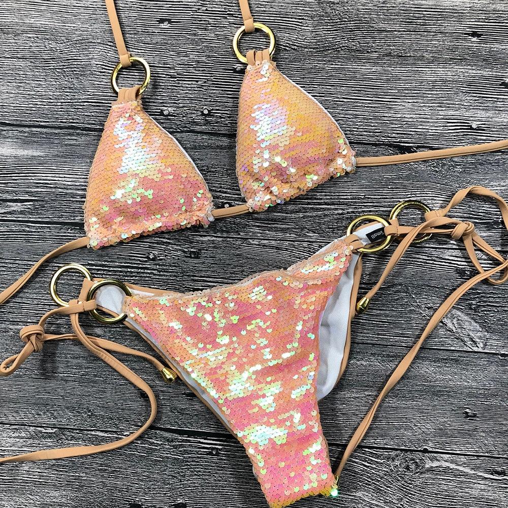 Shiny Solid Bikini Swimsuit Halter Swimwear Bathing Suit Women Bling Sequin Bikini Set Beach Wear Women Shiny Bikini Micro String Two Pieces Swimsuit Female Summer Swimwear Stevvex