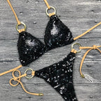 Shiny Solid Bikini Swimsuit Halter Swimwear Bathing Suit Women Bling Sequin Bikini Set Beach Wear Women Shiny Bikini Micro String Two Pieces Swimsuit Female Summer Swimwear Stevvex