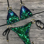 Shiny Solid Bikini Swimsuit Halter Swimwear Bathing Suit Women Bling Sequin Bikini Set Beach Wear Women Shiny Bikini Micro String Two Pieces Swimsuit Female Summer Swimwear Stevvex