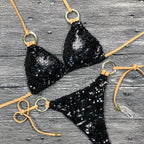 Shiny Solid Bikini Swimsuit Halter Swimwear Bathing Suit Women Bling Sequin Bikini Set Beach Wear Women Shiny Bikini Micro String Two Pieces Swimsuit Female Summer Swimwear Stevvex
