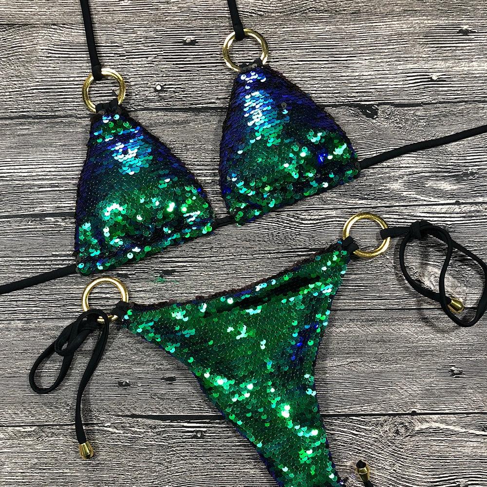Shiny Solid Bikini Swimsuit Halter Swimwear Bathing Suit Women Bling Sequin Bikini Set Beach Wear Women Shiny Bikini Micro String Two Pieces Swimsuit Female Summer Swimwear Stevvex
