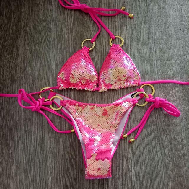 Shiny Solid Bikini Swimsuit Halter Swimwear Bathing Suit Women Bling Sequin Bikini Set Beach Wear Women Shiny Bikini Micro String Two Pieces Swimsuit Female Summer Swimwear Stevvex
