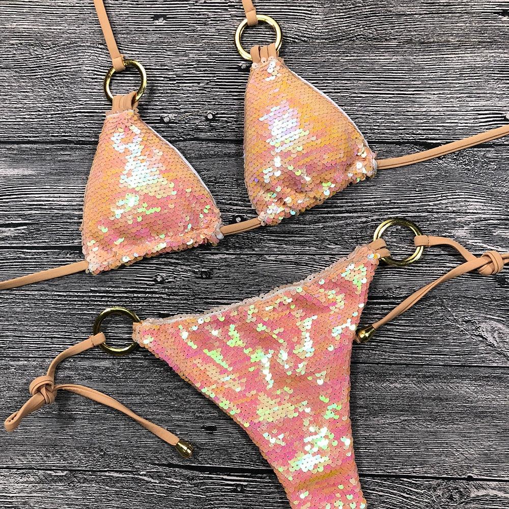 Shiny Solid Bikini Swimsuit Halter Swimwear Bathing Suit Women Bling Sequin Bikini Set Beach Wear Women Shiny Bikini Micro String Two Pieces Swimsuit Female Summer Swimwear Stevvex