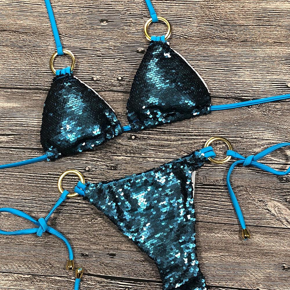 Shiny Solid Bikini Swimsuit Halter Swimwear Bathing Suit Women Bling Sequin Bikini Set Beach Wear Women Shiny Bikini Micro String Two Pieces Swimsuit Female Summer Swimwear Stevvex