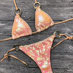 Shiny Solid Bikini Swimsuit Halter Swimwear Bathing Suit Women Bling Sequin Bikini Set Beach Wear Women Shiny Bikini Micro String Two Pieces Swimsuit Female Summer Swimwear Stevvex